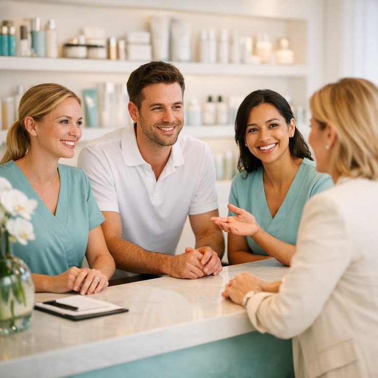 Clinic team greeting a patient at the front desk